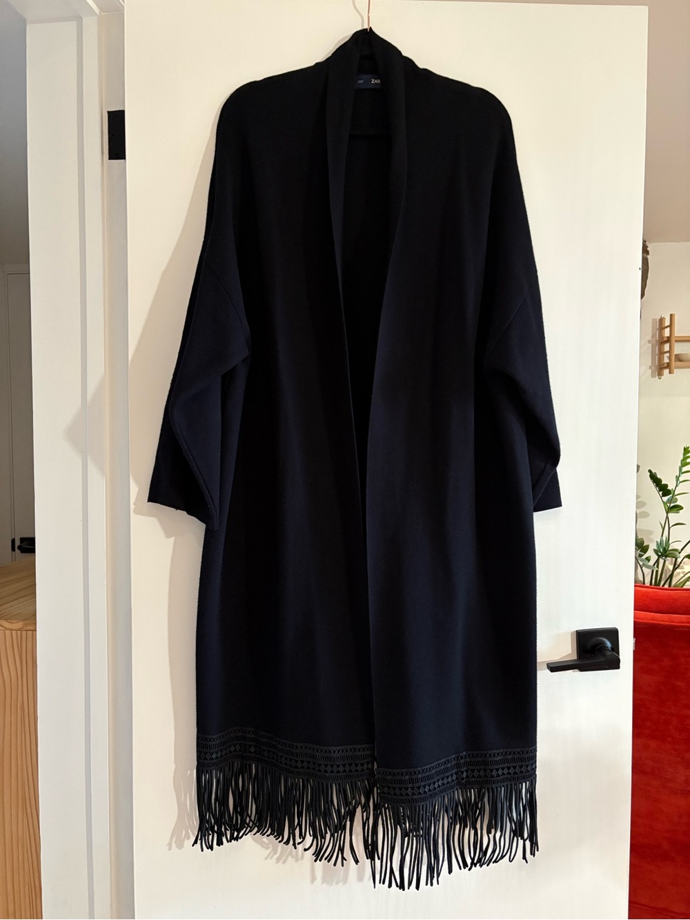 Fringed Sweater Coat Jacket Long Navy Medium